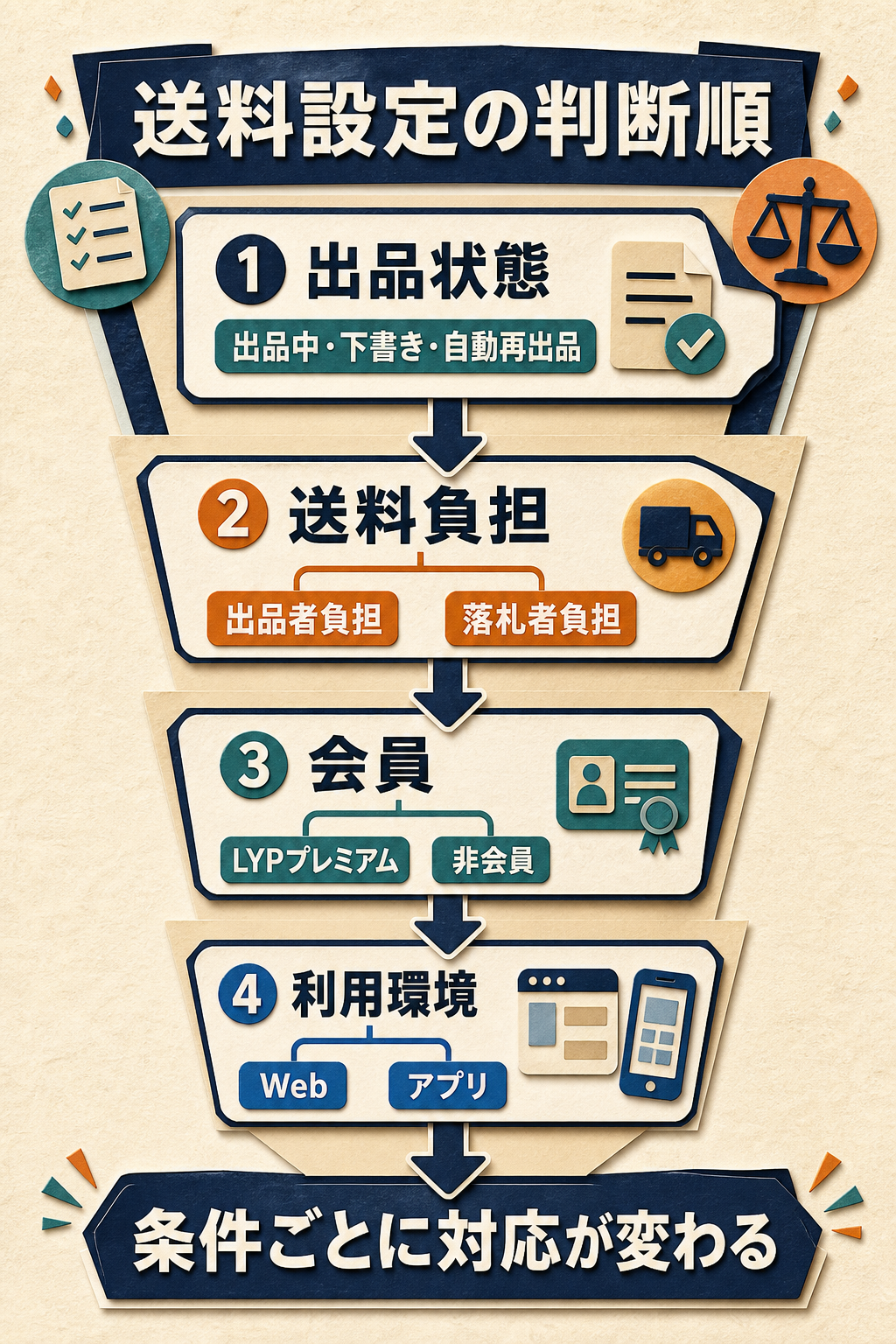 出品状態、送料負担、会員、Web・アプリの順に送料設定を判断するフロー