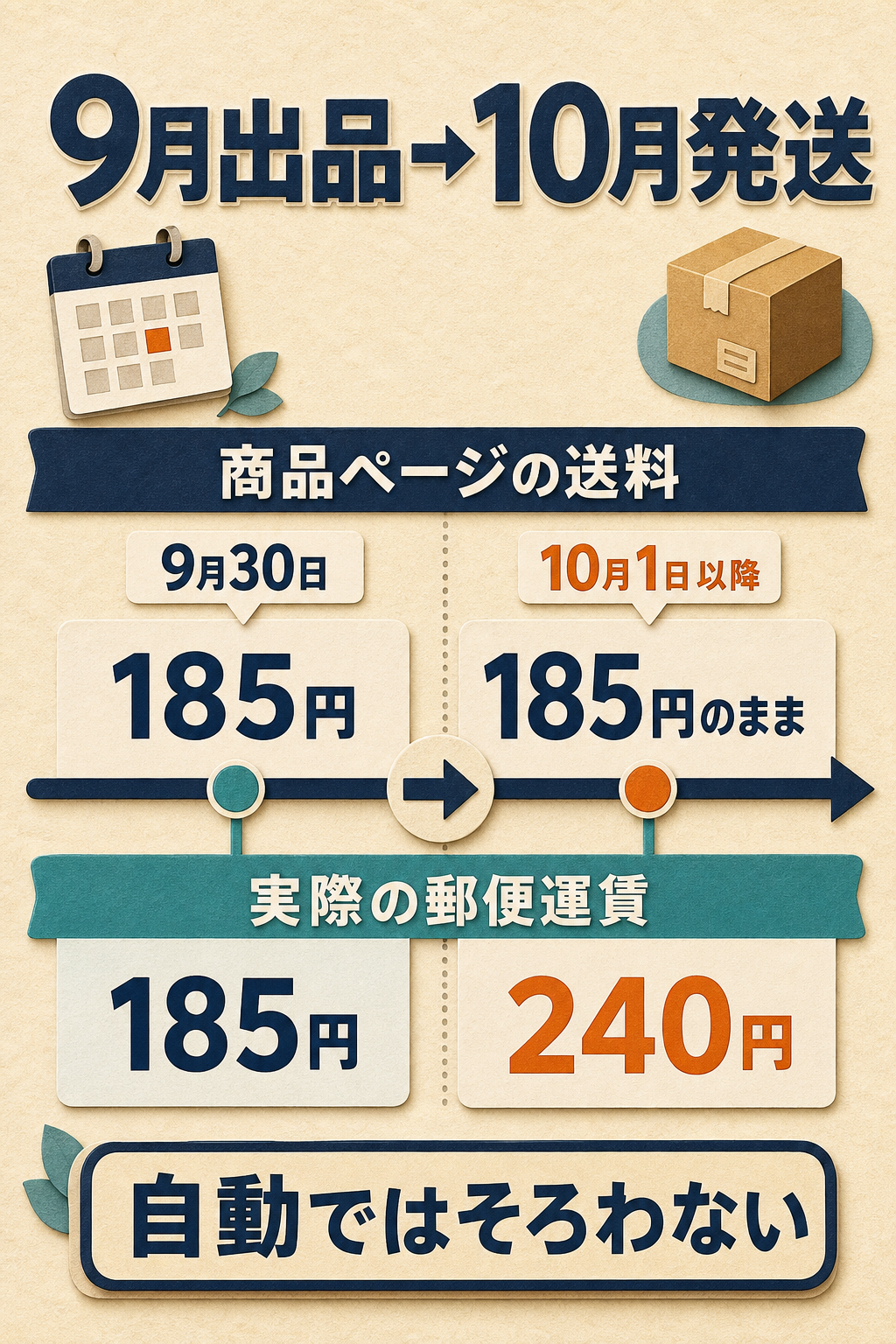 9月30日までにクリックポストで出品し10月1日以降に発送すると、商品ページの送料は185円のまま、実際の郵便運賃は240円になる例