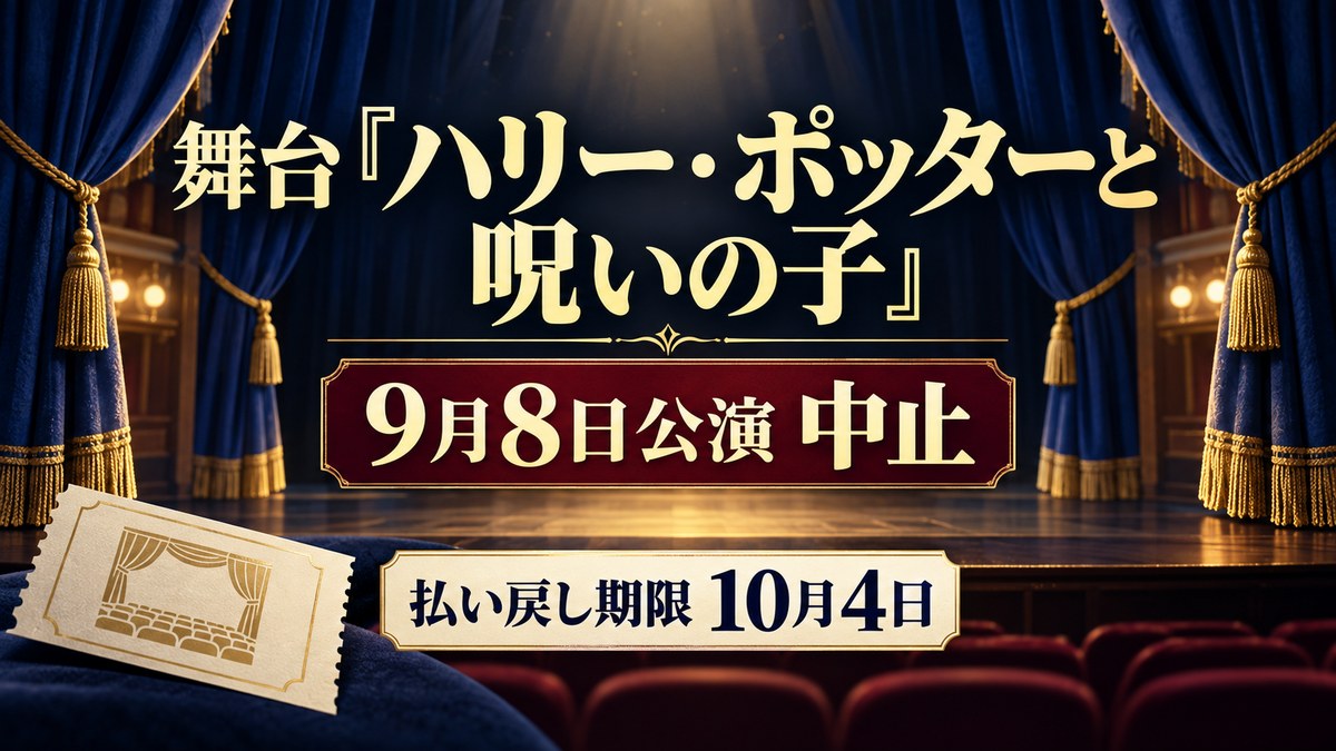 舞台『ハリー・ポッターと呪いの子』9月8日公演の中止とチケット払い戻し期限を示すアイキャッチ
