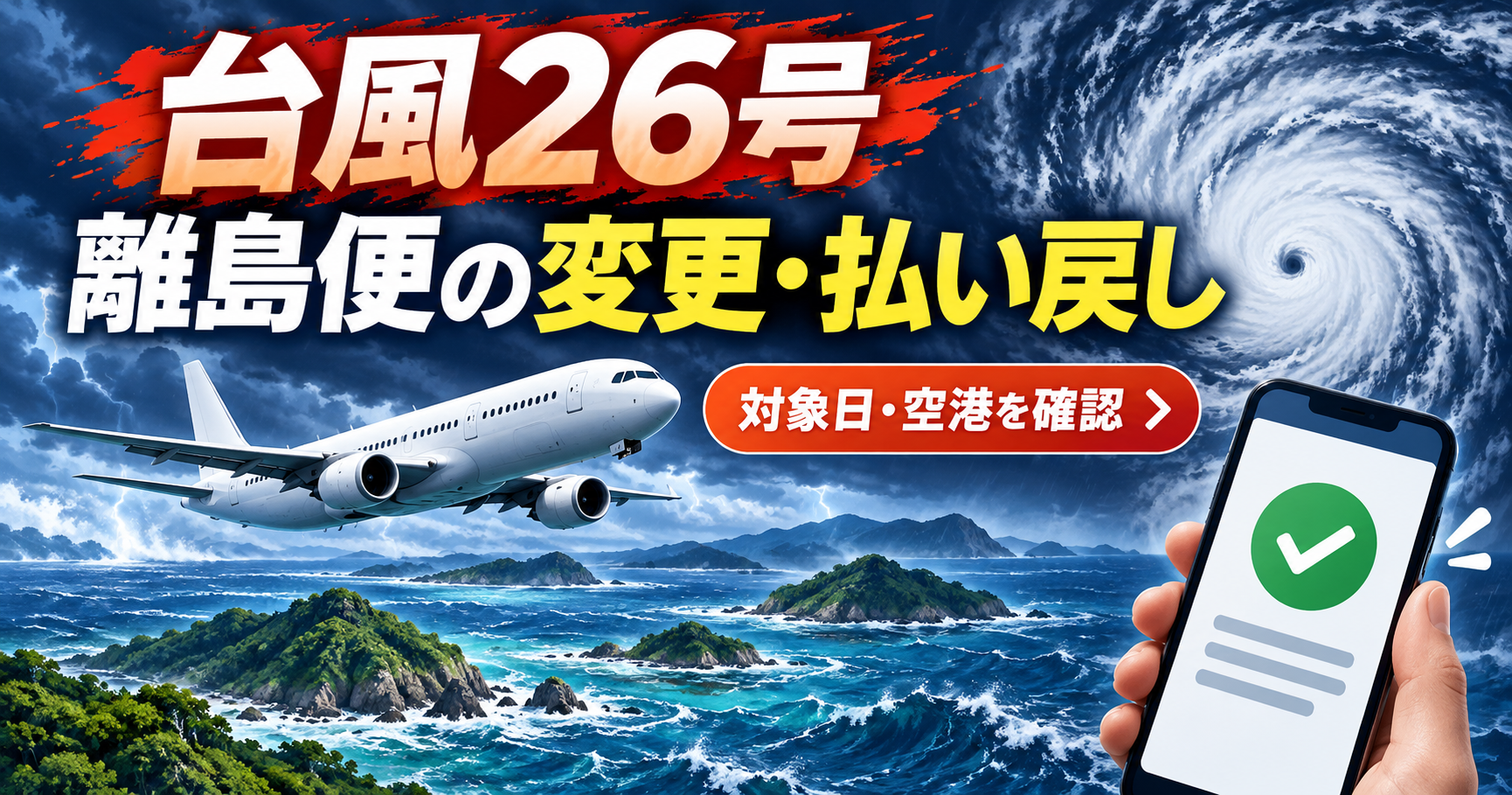JAL便の台風26号特別対応で、離島発着便の変更・払い戻しを確認するイメージ