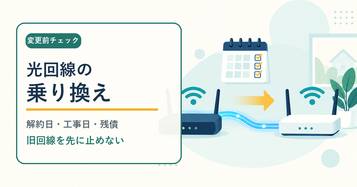光回線の乗り換え前に解約日・工事日・残債を確認することを示すアイキャッチ