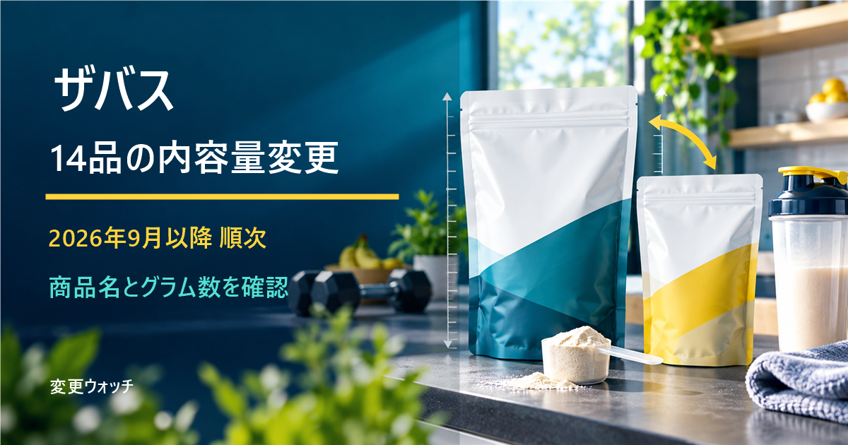 ザバスの粉末プロテイン14品が2026年9月以降に順次内容量を変えることを示すイメージ