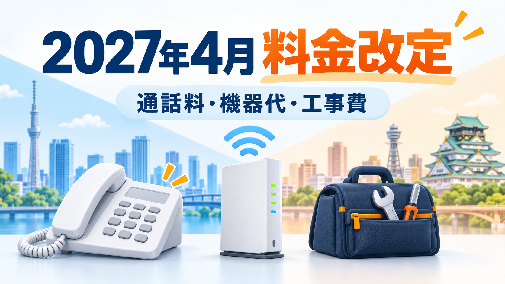2027年4月からNTT東日本・西日本の通話料、ホームゲートウェイ利用料、工事費が改定されることを示したイメージ